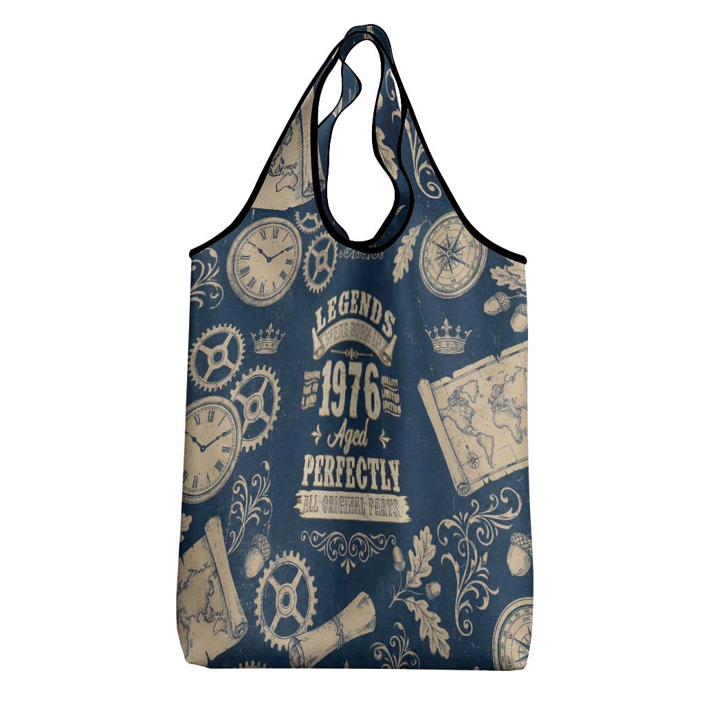 Legend 1976 Vintage Gears and Scrolls Design Grocery Bag with Crown Motif in Classic Blue and Beige Retro