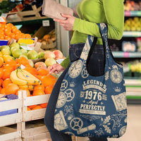 Legend 1976 Vintage Gears and Scrolls Design Grocery Bag with Crown Motif in Classic Blue and Beige Retro