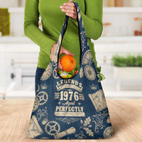 Legend 1976 Vintage Gears and Scrolls Design Grocery Bag with Crown Motif in Classic Blue and Beige Retro
