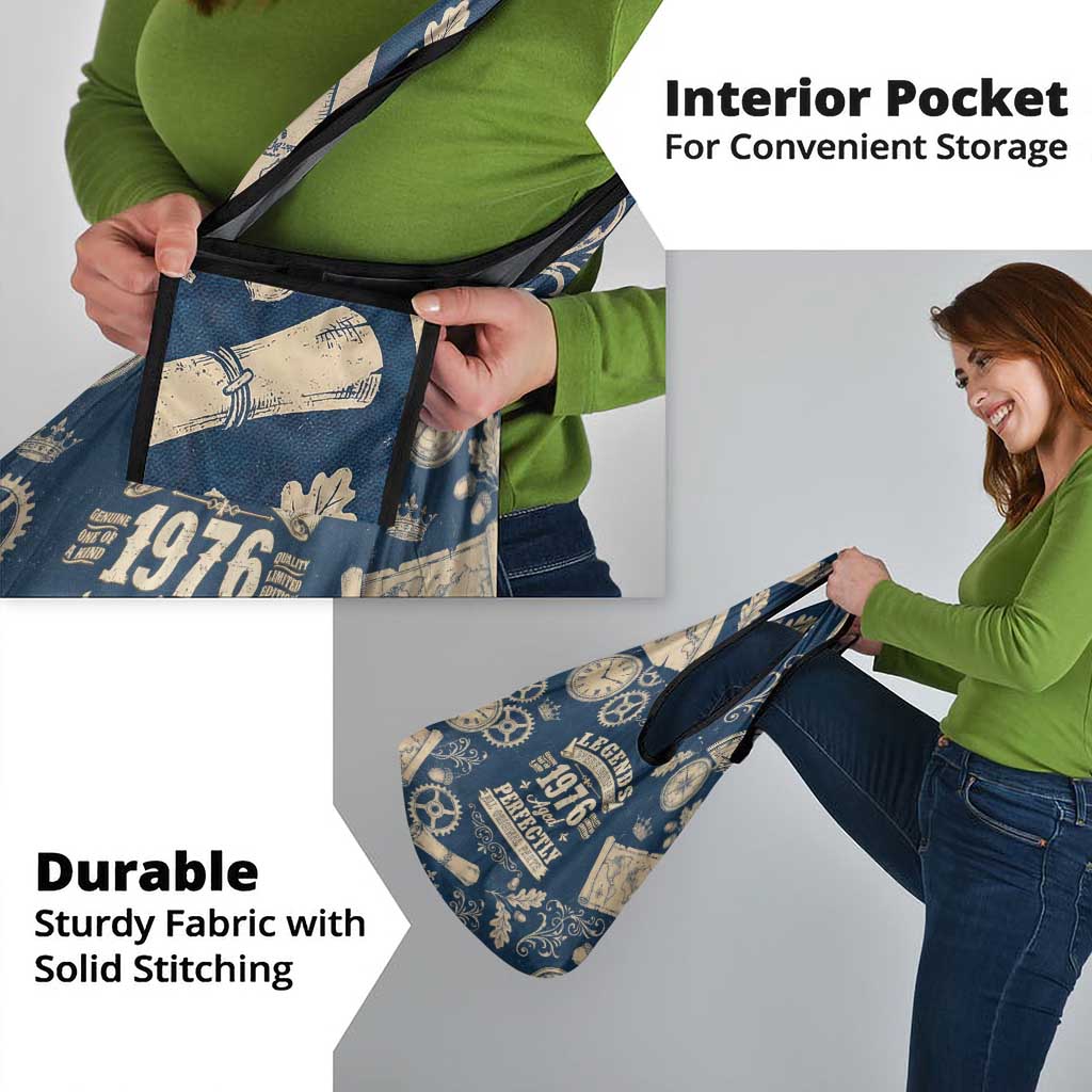 Legend 1976 Vintage Gears and Scrolls Design Grocery Bag with Crown Motif in Classic Blue and Beige Retro