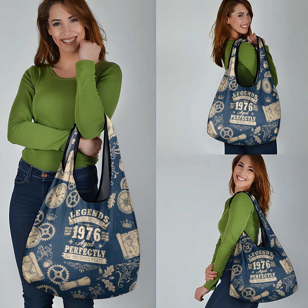 Legend 1976 Vintage Gears and Scrolls Design Grocery Bag with Crown Motif in Classic Blue and Beige Retro
