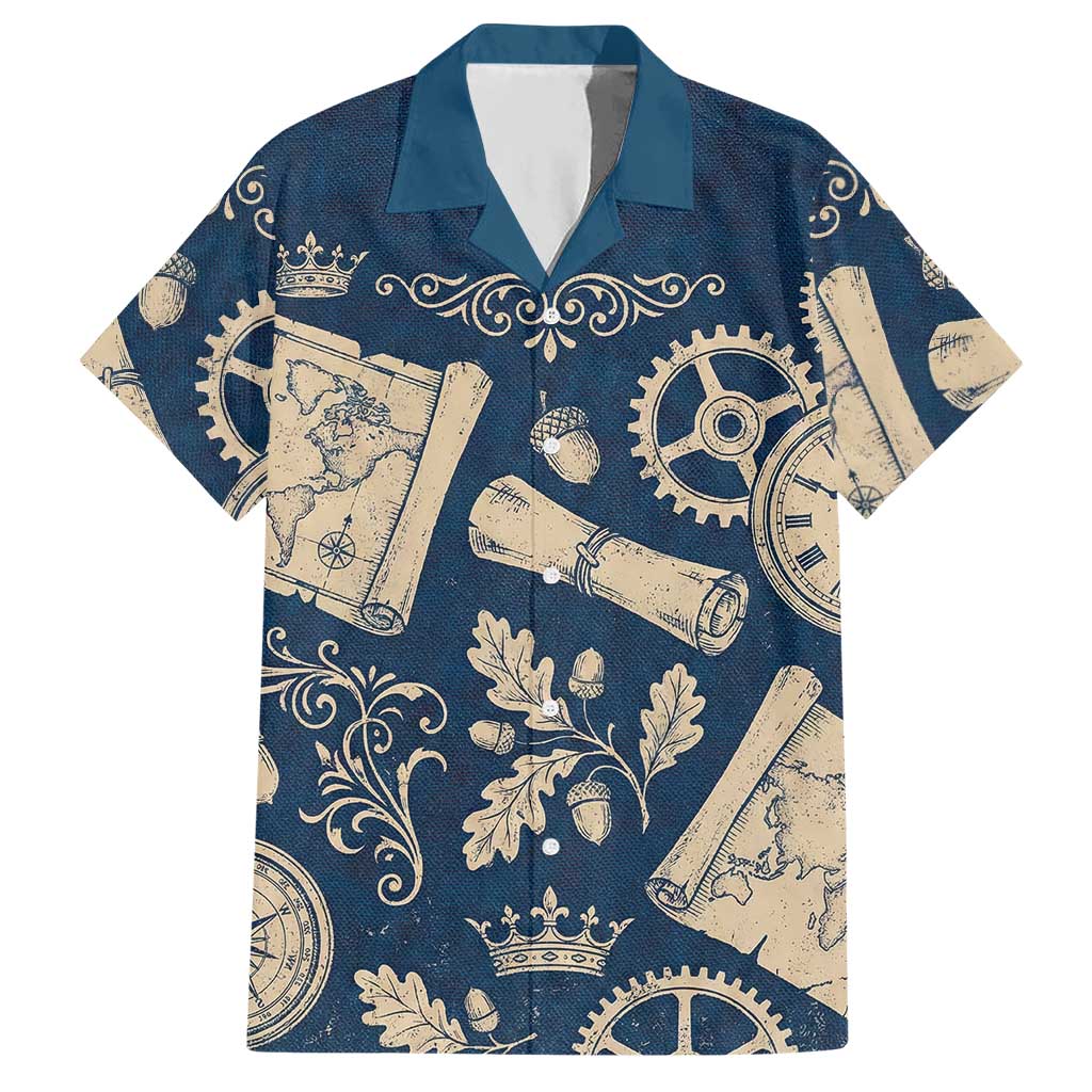 Legend 1976 Vintage Gears and Scrolls Design Hawaiian Shirt with Crown Motif in Classic Blue and Beige Retro