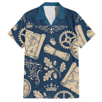 Legend 1976 Vintage Gears and Scrolls Design Hawaiian Shirt with Crown Motif in Classic Blue and Beige Retro