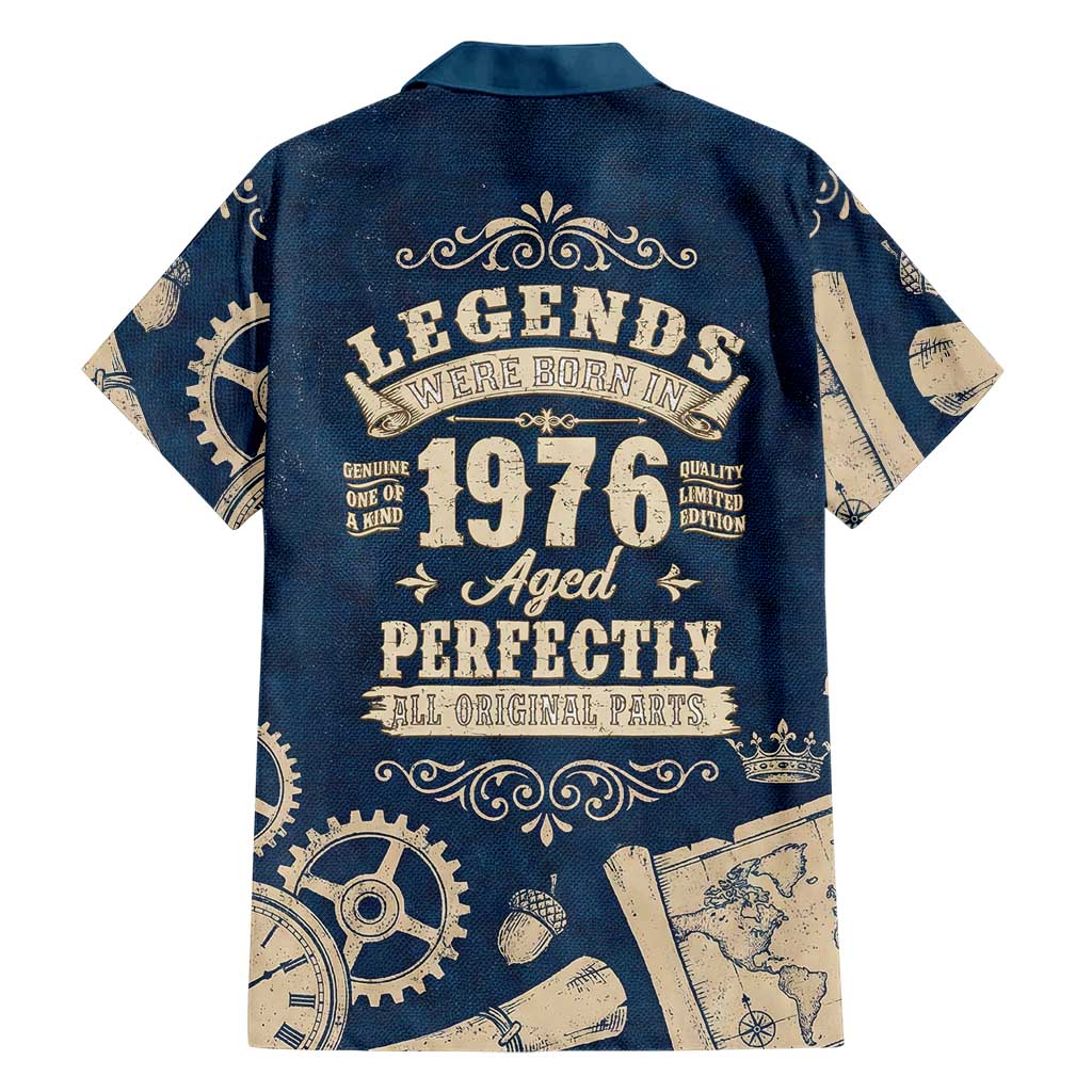 Legend 1976 Vintage Gears and Scrolls Design Hawaiian Shirt with Crown Motif in Classic Blue and Beige Retro