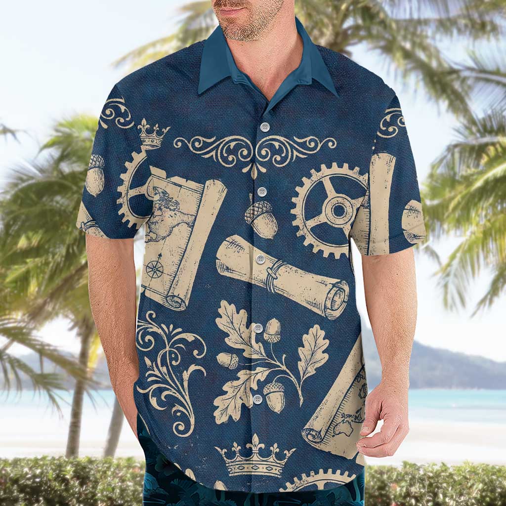 Legend 1976 Vintage Gears and Scrolls Design Hawaiian Shirt with Crown Motif in Classic Blue and Beige Retro