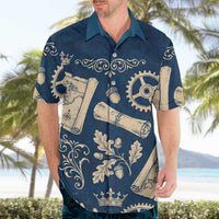 Legend 1976 Vintage Gears and Scrolls Design Hawaiian Shirt with Crown Motif in Classic Blue and Beige Retro