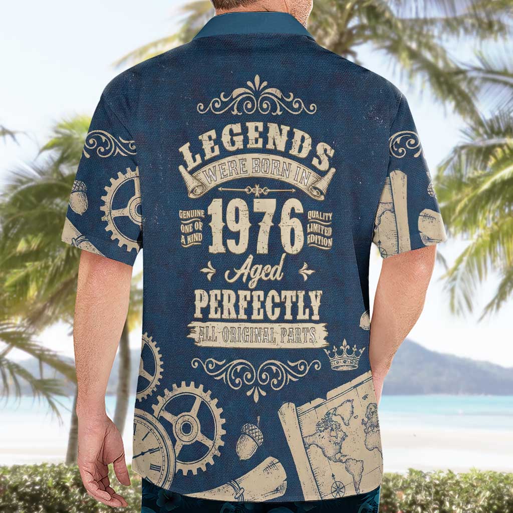Legend 1976 Vintage Gears and Scrolls Design Hawaiian Shirt with Crown Motif in Classic Blue and Beige Retro