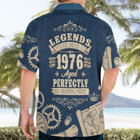 Legend 1976 Vintage Gears and Scrolls Design Hawaiian Shirt with Crown Motif in Classic Blue and Beige Retro