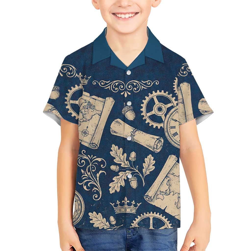 Legend 1976 Vintage Gears and Scrolls Design Hawaiian Shirt with Crown Motif in Classic Blue and Beige Retro