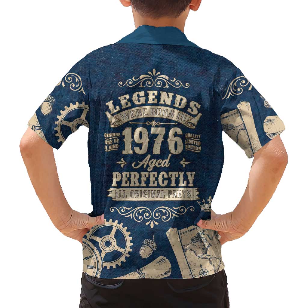 Legend 1976 Vintage Gears and Scrolls Design Hawaiian Shirt with Crown Motif in Classic Blue and Beige Retro