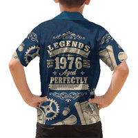 Legend 1976 Vintage Gears and Scrolls Design Hawaiian Shirt with Crown Motif in Classic Blue and Beige Retro