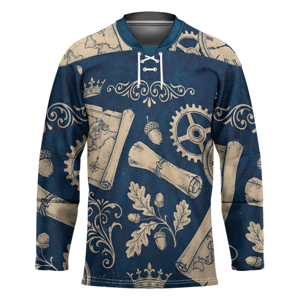 Legend 1976 Vintage Gears and Scrolls Design Hockey Jersey with Crown Motif in Classic Blue and Beige Retro