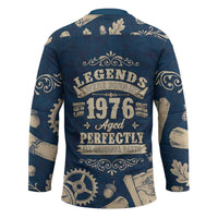 Legend 1976 Vintage Gears and Scrolls Design Hockey Jersey with Crown Motif in Classic Blue and Beige Retro