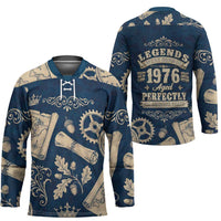 Legend 1976 Vintage Gears and Scrolls Design Hockey Jersey with Crown Motif in Classic Blue and Beige Retro