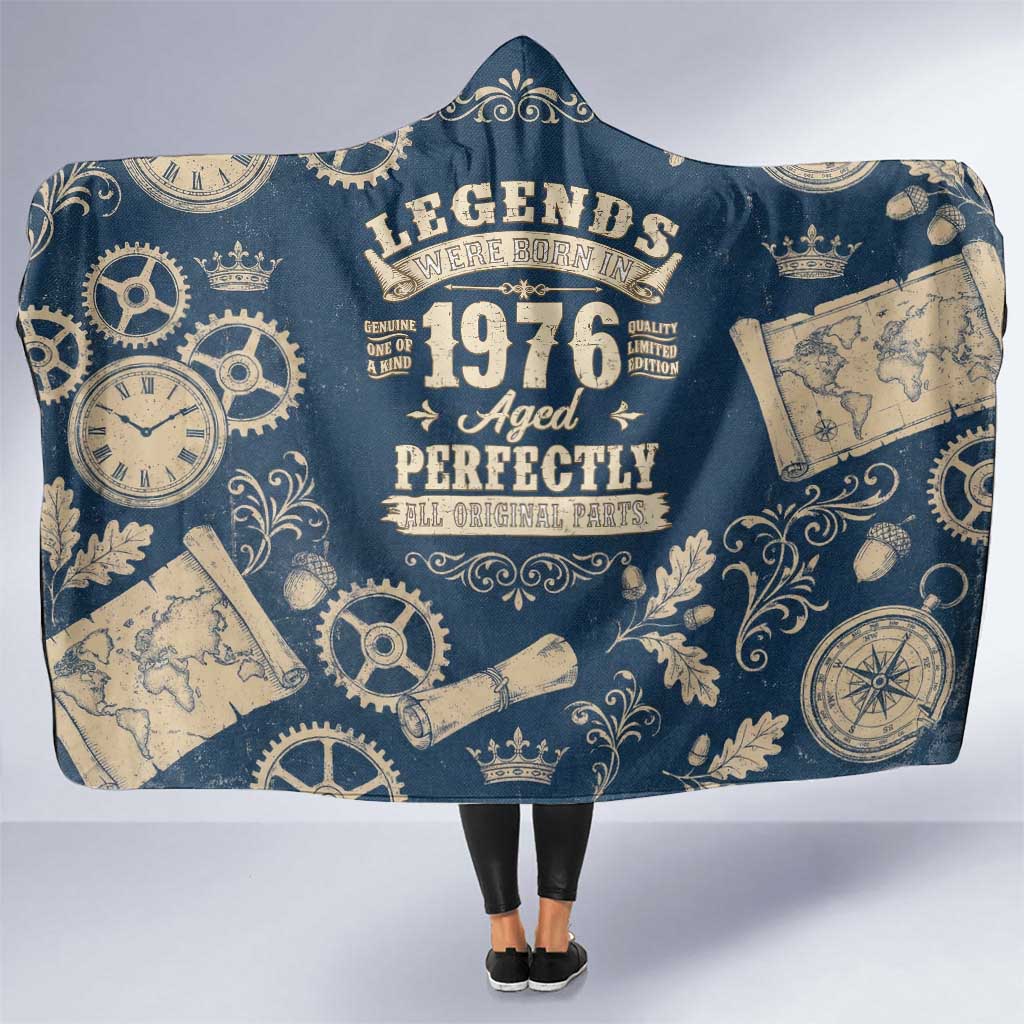 Legend 1976 Vintage Gears and Scrolls Design Hooded Blanket with Crown Motif in Classic Blue and Beige Retro