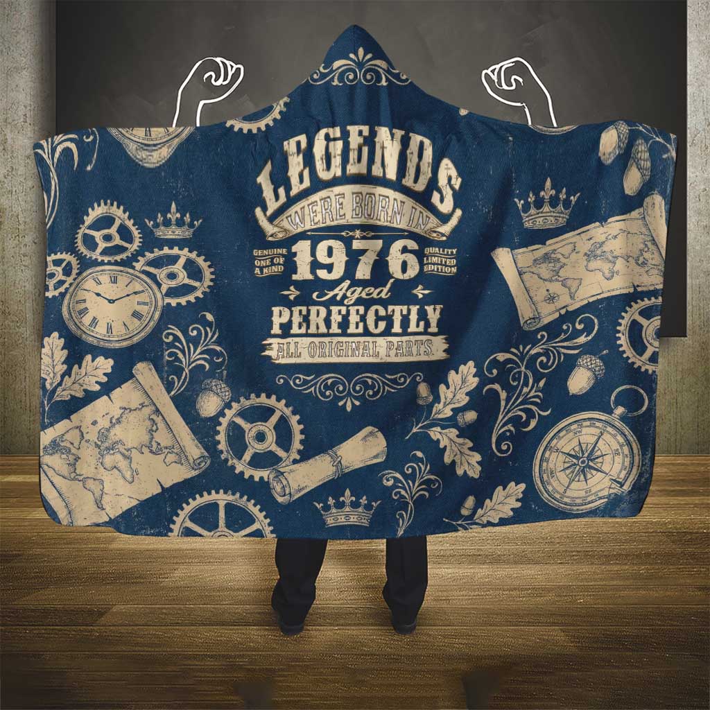 Legend 1976 Vintage Gears and Scrolls Design Hooded Blanket with Crown Motif in Classic Blue and Beige Retro