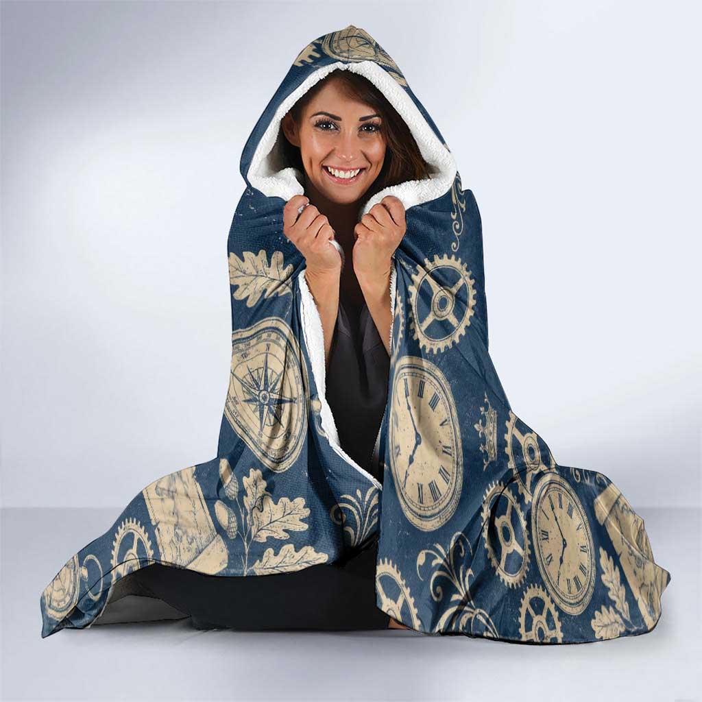 Legend 1976 Vintage Gears and Scrolls Design Hooded Blanket with Crown Motif in Classic Blue and Beige Retro