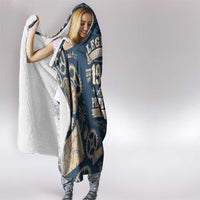 Legend 1976 Vintage Gears and Scrolls Design Hooded Blanket with Crown Motif in Classic Blue and Beige Retro