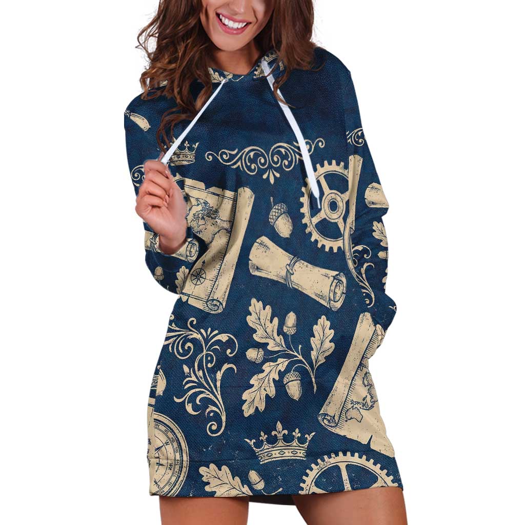 Legend 1976 Vintage Gears and Scrolls Design Hoodie Dress with Crown Motif in Classic Blue and Beige Retro