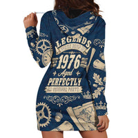 Legend 1976 Vintage Gears and Scrolls Design Hoodie Dress with Crown Motif in Classic Blue and Beige Retro