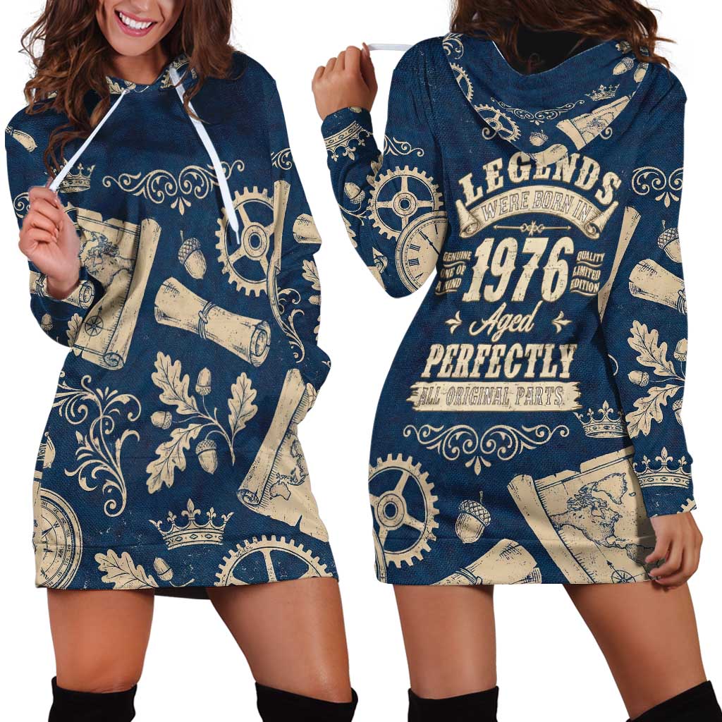 Legend 1976 Vintage Gears and Scrolls Design Hoodie Dress with Crown Motif in Classic Blue and Beige Retro