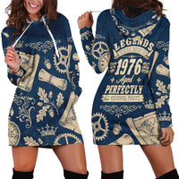 Legend 1976 Vintage Gears and Scrolls Design Hoodie Dress with Crown Motif in Classic Blue and Beige Retro