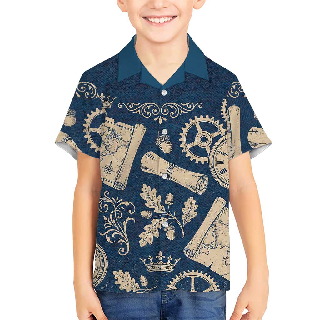 Legend 1976 Vintage Gears and Scrolls Design Kid Hawaiian Shirt with Crown Motif in Classic Blue and Beige Retro