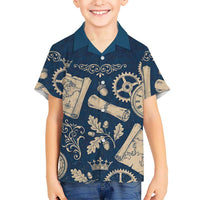 Legend 1976 Vintage Gears and Scrolls Design Kid Hawaiian Shirt with Crown Motif in Classic Blue and Beige Retro