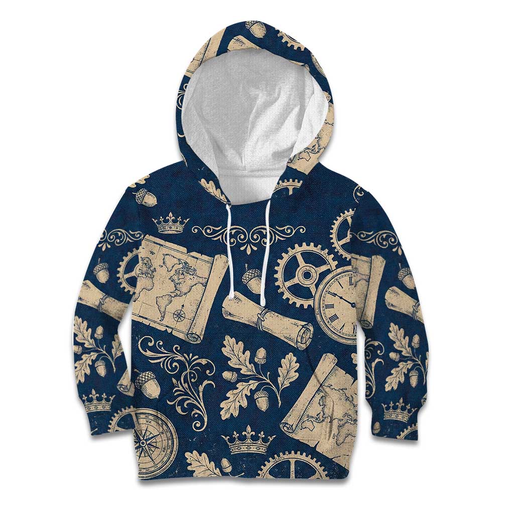 Legend 1976 Vintage Gears and Scrolls Design Kid Hoodie with Crown Motif in Classic Blue and Beige Retro