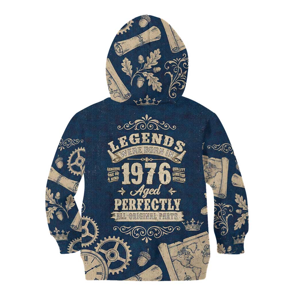 Legend 1976 Vintage Gears and Scrolls Design Kid Hoodie with Crown Motif in Classic Blue and Beige Retro