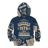 Legend 1976 Vintage Gears and Scrolls Design Kid Hoodie with Crown Motif in Classic Blue and Beige Retro