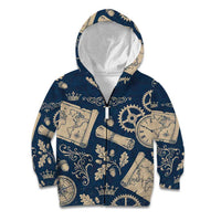 Legend 1976 Vintage Gears and Scrolls Design Kid Hoodie with Crown Motif in Classic Blue and Beige Retro