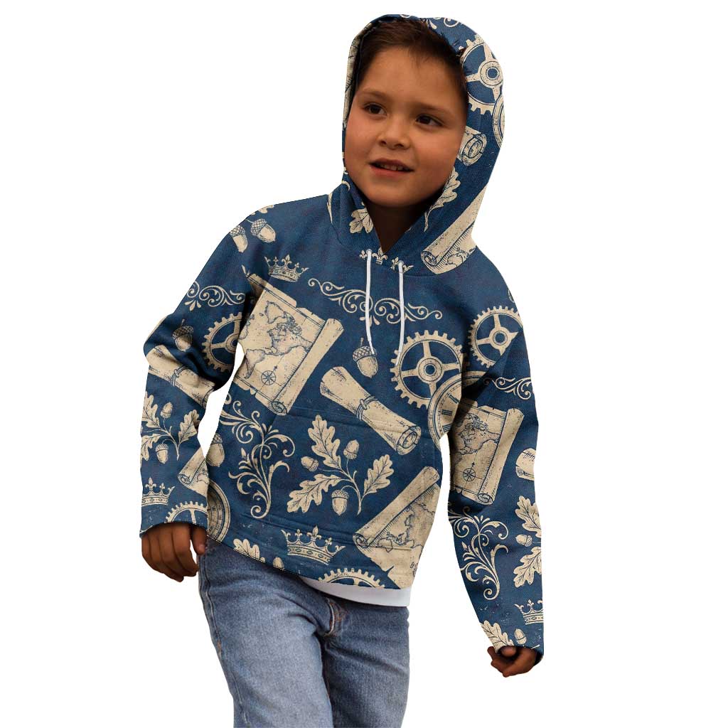 Legend 1976 Vintage Gears and Scrolls Design Kid Hoodie with Crown Motif in Classic Blue and Beige Retro