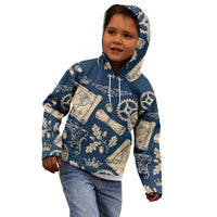 Legend 1976 Vintage Gears and Scrolls Design Kid Hoodie with Crown Motif in Classic Blue and Beige Retro