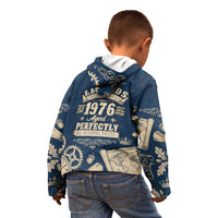 Legend 1976 Vintage Gears and Scrolls Design Kid Hoodie with Crown Motif in Classic Blue and Beige Retro