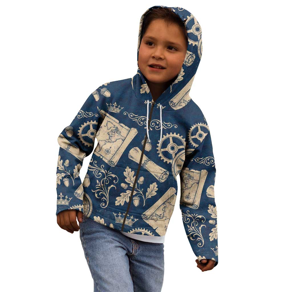Legend 1976 Vintage Gears and Scrolls Design Kid Hoodie with Crown Motif in Classic Blue and Beige Retro
