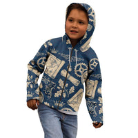Legend 1976 Vintage Gears and Scrolls Design Kid Hoodie with Crown Motif in Classic Blue and Beige Retro
