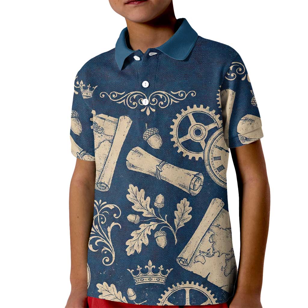 Legend 1976 Vintage Gears and Scrolls Design Kid Polo Shirt with Crown Motif in Classic Blue and Beige Retro