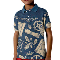 Legend 1976 Vintage Gears and Scrolls Design Kid Polo Shirt with Crown Motif in Classic Blue and Beige Retro