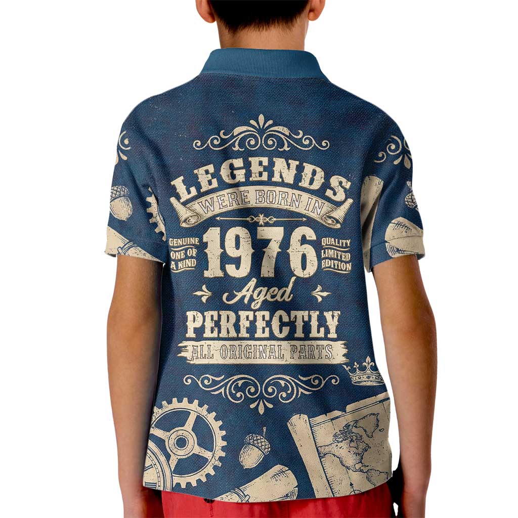 Legend 1976 Vintage Gears and Scrolls Design Kid Polo Shirt with Crown Motif in Classic Blue and Beige Retro