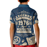 Legend 1976 Vintage Gears and Scrolls Design Kid Polo Shirt with Crown Motif in Classic Blue and Beige Retro