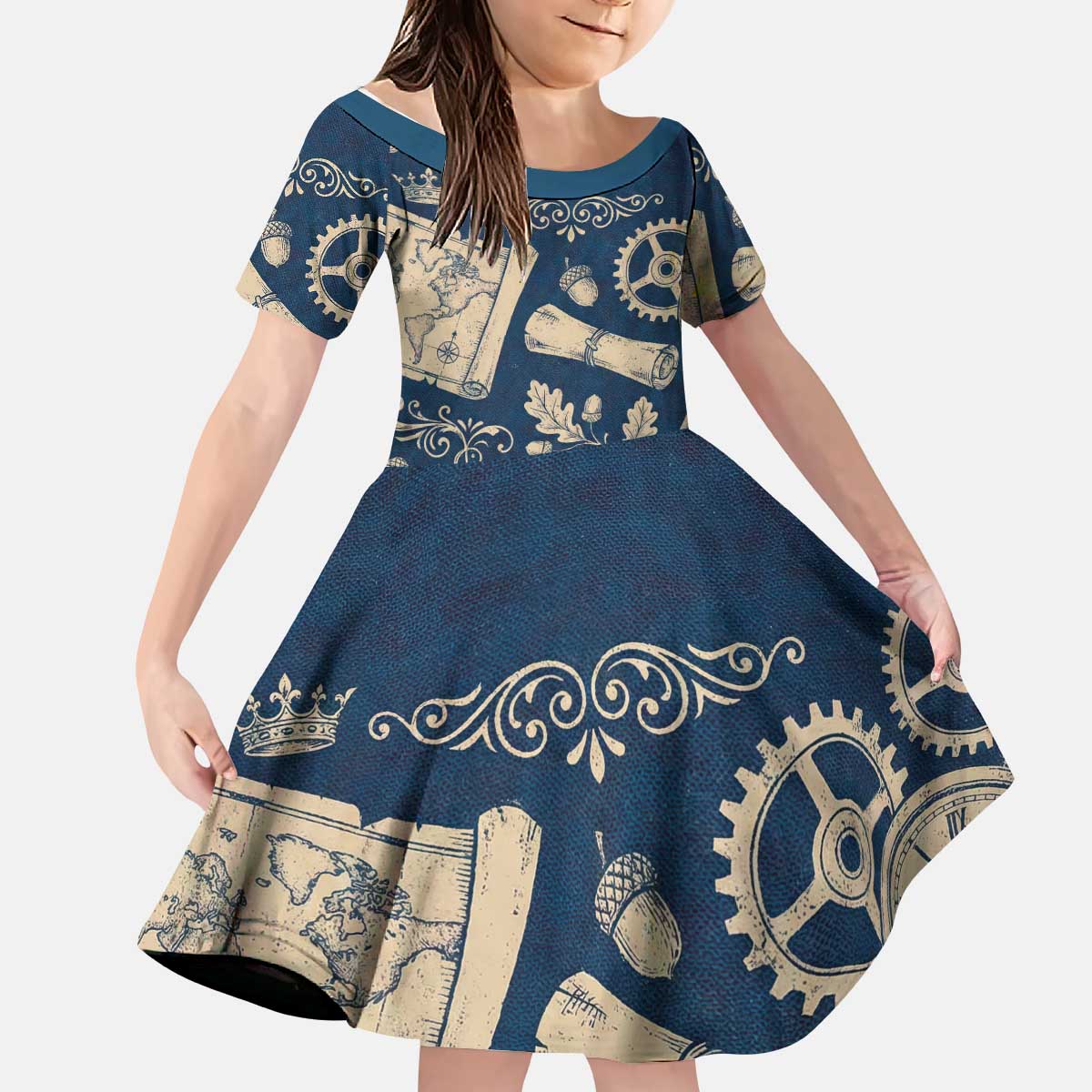 Legend 1976 Vintage Gears and Scrolls Design Kid Short Sleeve Dress with Crown Motif in Classic Blue and Beige Retro