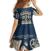 Legend 1976 Vintage Gears and Scrolls Design Kid Short Sleeve Dress with Crown Motif in Classic Blue and Beige Retro