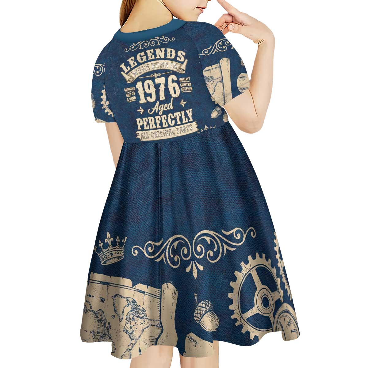 Legend 1976 Vintage Gears and Scrolls Design Kid Short Sleeve Dress with Crown Motif in Classic Blue and Beige Retro