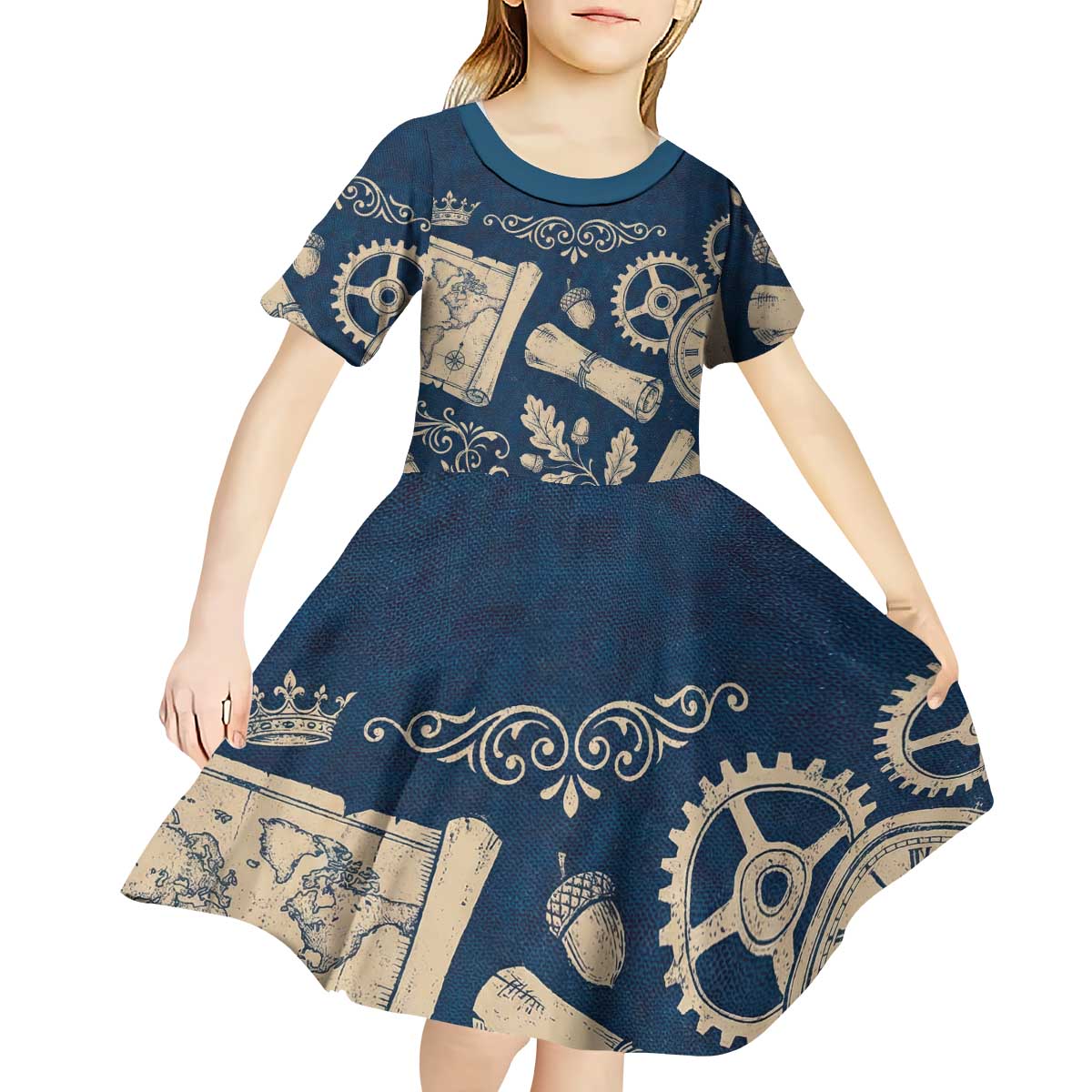 Legend 1976 Vintage Gears and Scrolls Design Kid Short Sleeve Dress with Crown Motif in Classic Blue and Beige Retro