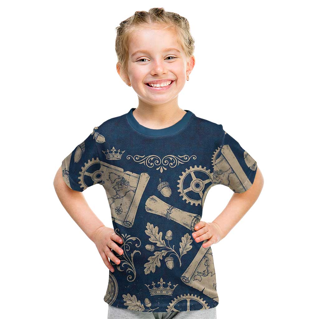 Legend 1976 Vintage Gears and Scrolls Design Kid T Shirt with Crown Motif in Classic Blue and Beige Retro