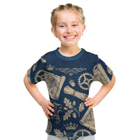 Legend 1976 Vintage Gears and Scrolls Design Kid T Shirt with Crown Motif in Classic Blue and Beige Retro