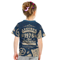 Legend 1976 Vintage Gears and Scrolls Design Kid T Shirt with Crown Motif in Classic Blue and Beige Retro