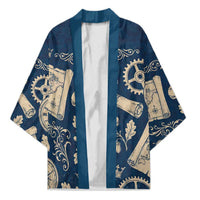 Legend 1976 Vintage Gears and Scrolls Design Kimono with Crown Motif in Classic Blue and Beige Retro