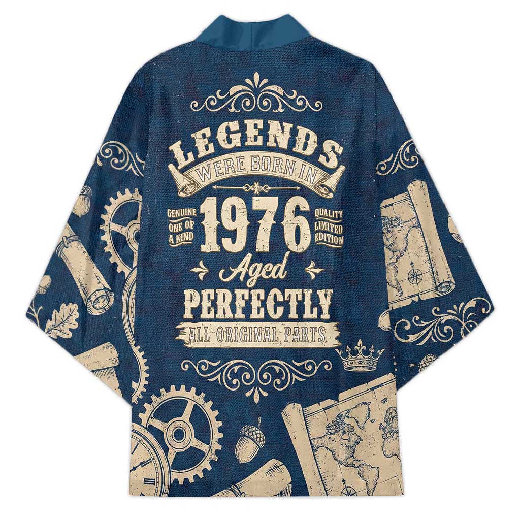 Legend 1976 Vintage Gears and Scrolls Design Kimono with Crown Motif in Classic Blue and Beige Retro